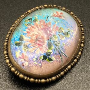Vintage Morpho Butterfly Wing Brooch Hand Painted Pink Flowers Convex Glass Top